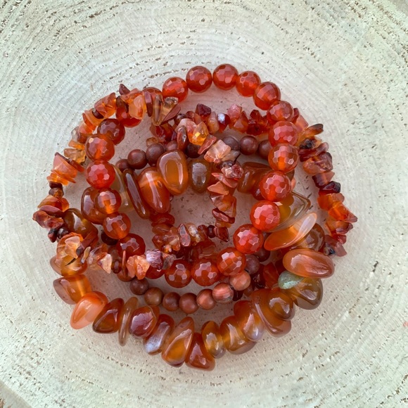 Natural Dark Orange Carnelian & Fire Agate Gemstone Mixed Bead Bracelet Stack - Picture 9 of 14